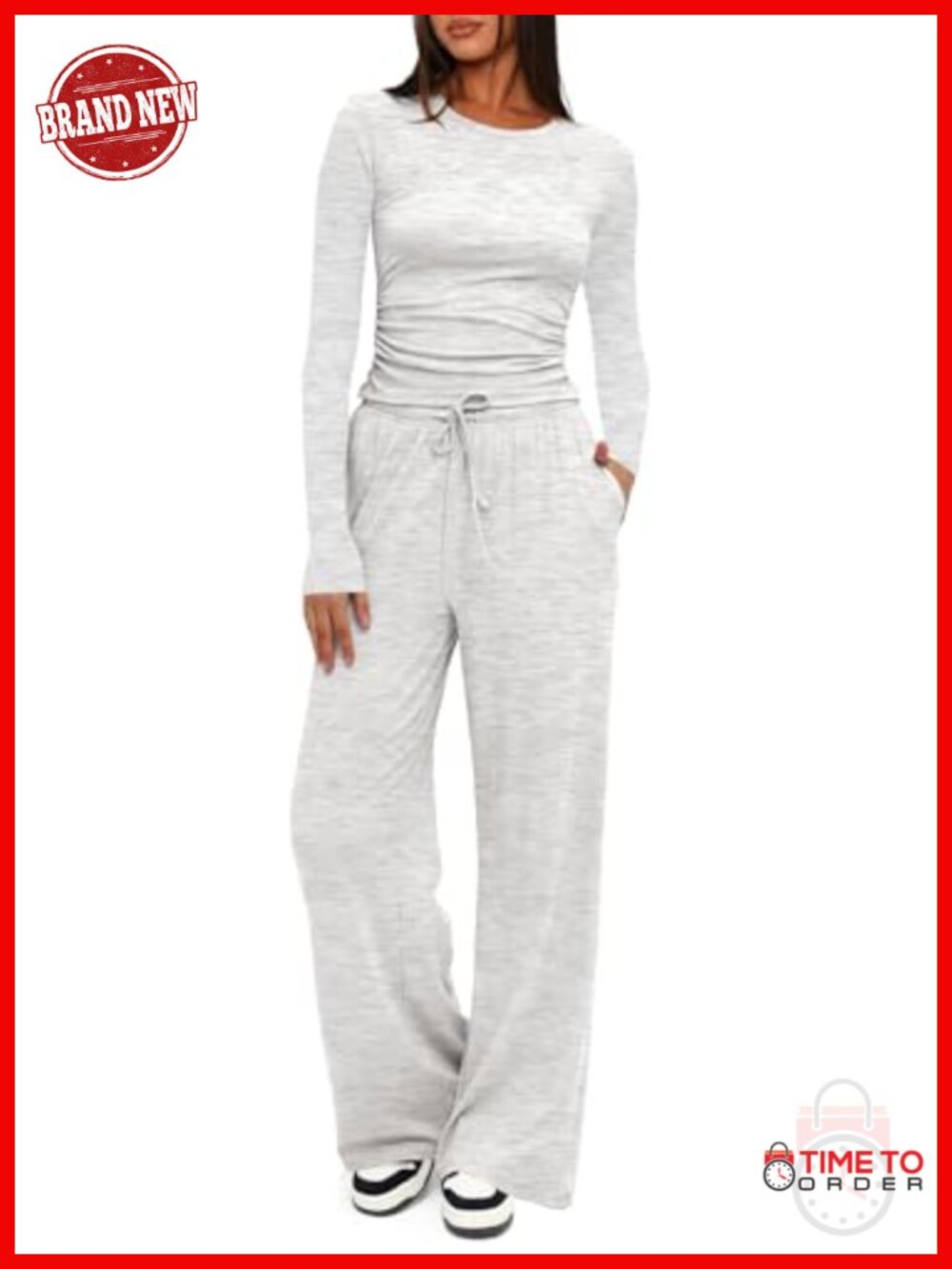 2 Piece Lounge Set Women Casual Matching Outfit Ruched Top Drawstring Wide Leg